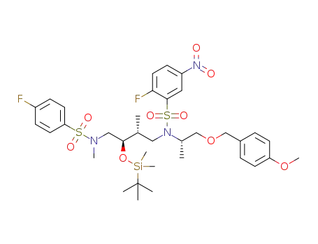 Molecular Structure of 1403480-28-3 (N-((2R,3R)-3-((tert-butyldimethylsilyl)oxy)-4-(4-fluoro-N-methylphenylsulfonamido)-2-methylbutyl)-2-fluoro-N-((2S)-1-((4-methoxybenzyl)oxy)propan-2-yl)-5-nitrobenzenesulfonamide)