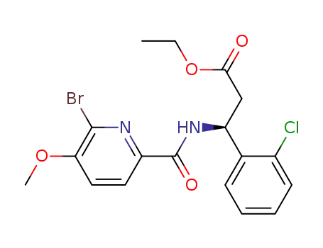 Molecular Structure of 1391846-44-8 ((S)-3-[(6-bromo-5-methoxy-pyridine-2-carbonyl)-amino]-3-(2-chloro-phenyl)-propionic acid ethyl ester)