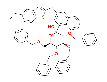 Molecular Structure of 874357-34-3 ((3R,4S,5R,6R)-3,4,5-trisbenzyloxy-6-benzyloxymethyl-2-[3-(5-ethylbenzo[b]thiophen-2-yl-methyl)naphthalen-1-yl]tetrahydropyran-2-ol)