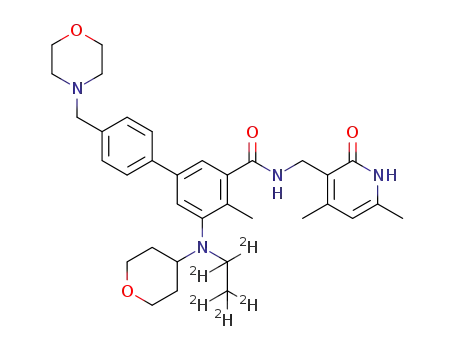 Molecular Structure of 1403256-15-4 (N-((4,6-dimethyl-2-oxo-1,2-dihydropyridin-3-yl)methyl)-5-(ethyl-d<sub>5</sub>(tetrahydro-2H-pyran-4-yl)amino)-4'-formyl-4-methyl-[1,1'-biphenyl]-3-carboxamide)