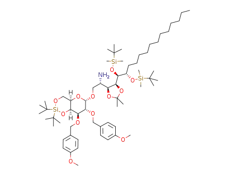 Molecular Structure of 1428421-84-4 ((2S,3S,4S,5R,6S)-2-amino-5,6-bis(tert-butyldimethylsilyloxy)-3,4-O-isopropylidene-3,4-dihydroxyoctadecyl 2,3-bis-O-(4-methoxybenzyl)-4,6-O-(di-tert-butyl)silylene-α-D-galactopyranoside)