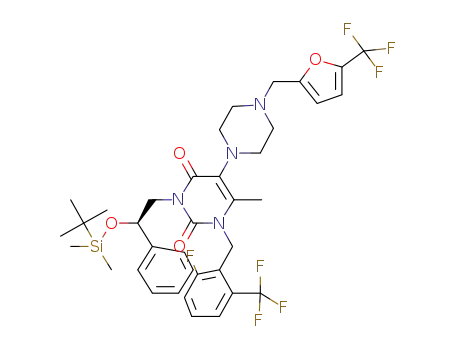 3-[(R)-2-(tert-butyl-dimethyl-silanyloxy)-2-phenyl-ethyl]-1-(2-fluoro-6-trifluoromethyl-benzyl)-6-methyl-5-[4-(5-trifluoromethyl-furan-2-ylmethyl)-piperazin-1-yl]-1H-pyrimidine-2,4-dione