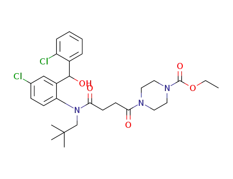 Molecular Structure of 1292849-78-5 (ethyl 4-{4-[{4-chloro-2-[(2-chlorophenyl)(hydroxy)-methyl]phenyl}(2,2-dimethylpropyl)amino]-4-oxobutanoyl}-piperazine-1-carboxylate)