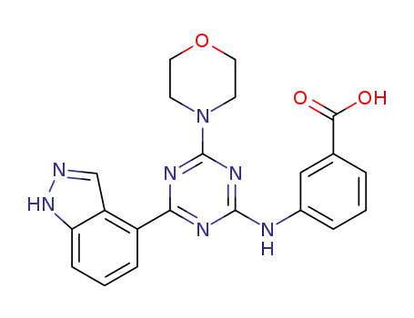 Molecular Structure of 1391925-69-1 (3-((4-(1H-indazol-4-yl)-6-morpholino-1,3,5-triazin-2-yl)amino)benzoic acid)
