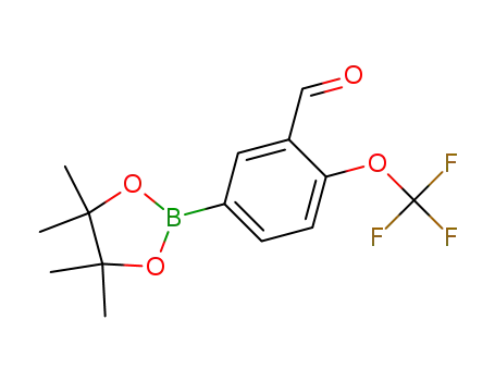 Molecular Structure of 923281-74-7 (Benzaldehyde,
5-(4,4,5,5-tetramethyl-1,3,2-dioxaborolan-2-yl)-2-(trifluoromethoxy)-)