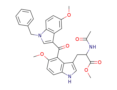 Molecular Structure of 1279707-78-6 (2-acetylamino-3-[4-(1-benzyl-5-methoxy-1H-indole-3-carbonyl)-5-methoxy-1H-indol-3-yl]-propionic acid methyl ester)