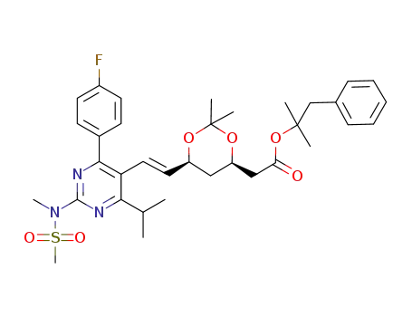 Molecular Structure of 1257341-56-2 (2-methyl-1-phenylpropan-2-yl 2-((4R,6S)-6-((E)-2-(4-(4-fluorophenyl)-6-isopronyl-2-(N-methylmethylsulfonamido)pyrimidin-5-yl)vinyl)-2,2-dimethyl-1,3-dioxan-4-yl)acetate)