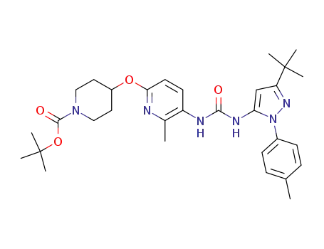 Molecular Structure of 936369-18-5 (4-{5-[3-(5-tert-butyl-2-p-tolyl-2H-pyrazol-3-yl)-ureido]-6-methyl-pyridin-2-yloxy}-piperidine-1-carboxylic acid tert-butyl ester)