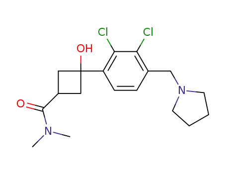Molecular Structure of 935840-37-2 (3-[2,3-dichloro-4-(pyrrolidin-1-ylmethyl)phenyl]-3-hydroxy-N,N-dimethylcyclobutanecarboxamide)