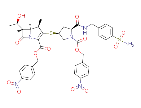 Molecular Structure of 1350538-25-8 ((4R,5S,6S)-3-[[(3S,5S)-N-(4-nitrobenzyloxycarbonyl)-5-[(4-aminosulfonylphen-1-yl)methyl]carbamoyl]-3-pyrrolidinyl]thio-6-[(R)-1-hydroxyethyl]-4-methyl-7-oxo-1-azabicyclo[3.2.0]hept-2-ene-2-carboxylic acid (4-nitrobenzyl)methyl ester)