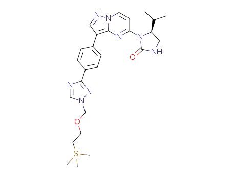 Molecular Structure of 1269647-65-5 ((S)-5-isopropyl-1-(3-(4-(1-((2-(trimethylsilyl)ethoxy)methyl)-1H-1,2,4-triazol-3-yl)phenyl)pyrazolo[1,5-a]pyrimidin-5-yl)imidazolidin-2-one)