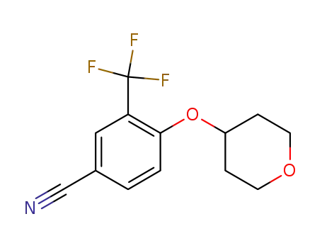 Molecular Structure of 1241910-75-7 (4-(tetrahydro-2H-pyran-4-yloxy)-3-(trifluoromethyl)benzonitrile)