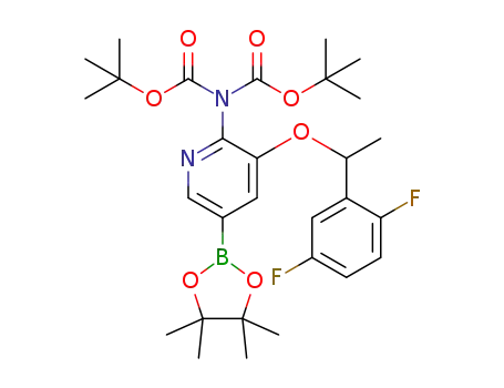 Molecular Structure of 1613148-57-4 (N,N-bis(tert-butoxycarbonyl)-3-(1-(2,5-difluorophenyl)ethoxy)-5-(4,4,5,5-tetramethyl-1,3,2-dioxaborolan-2-yl)pyridin-2-amine)