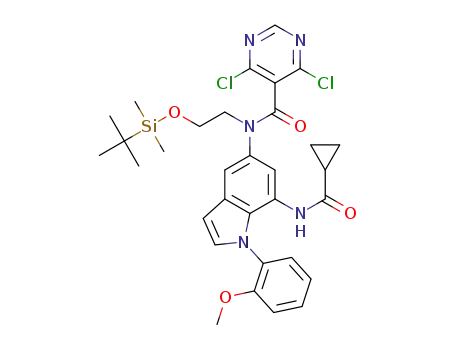 Molecular Structure of 1610801-30-3 (N-(2-(tert-butyldimethylsilyloxy)ethyl)-4,6-dichloro-N-(7-(cyclopropanecarboxamido)-1-(2-methoxyphenyl)-1H-indol-5-yl)pyrimidine-5-carboxamide)