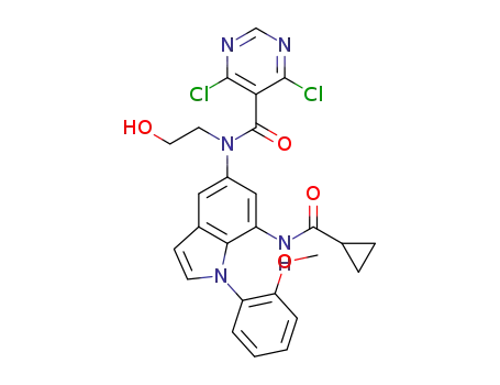 Molecular Structure of 1610801-32-5 (4,6-dichloro-N-(7-(cyclopropanecarboxamido)-1-(2-methoxyphenyl)-1H-indol-5-yl)-N-(2-hydroxyethyl)pyrimidine-5-carboxamide)