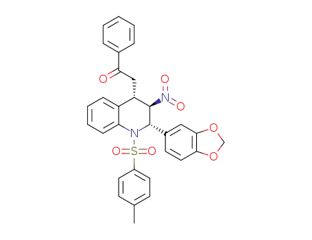 Molecular Structure of 1619985-25-9 (2-((2S,3R,4S)-2-(benzo[d][1,3]dioxol-5-yl)-1,2,3,4-tetrahydro-3-nitro-1-tosylquinolin-4-yl)-1-phenylethanone)