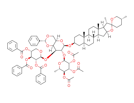Molecular Structure of 1269649-29-7 (tigogenyl 2,3,4-tri-O-benzoyl-β-D-xylopyranosyl-(1->3)-[2,3,4-tri-O-acetyl-α-L-rhamnopyransyl-(1->2)]-4,6-di-O-benzylidene-β-D-galactopyranoside)