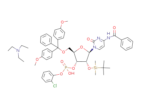Molecular Structure of 127578-31-8 (5'-O-DMTr-2'-O-TBDMS-N-Bz-cytidine-3'-O-(2-chlorophenyl)phosphate triethylammonium salt)