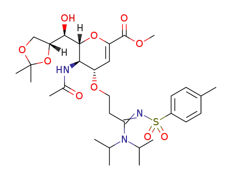 Molecular Structure of 1304780-03-7 (methyl 5-acetamido-2,6-anhydro-3,5-dideoxy-8,9-O-isopropylidene-4-O-[3-(diisopropylamino)-3-(4-methylbenzenesulfonylimino)propoxy]-D-glycero-D-galacto-non-2-enonate)