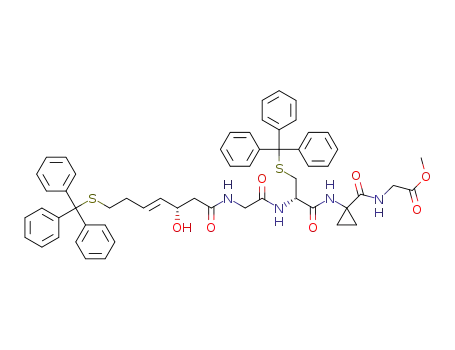 Molecular Structure of 1196992-58-1 ([(1-{(S)-2-[2-((E)-(S)-3-hydroxy-7-tritylsulfanyl-hept-4-enoylamino)-acetylamino]-3-tritylsulfanyl-propionylamino}-cyclopropanecarbonyl)-amino]-acetic acid methyl ester)