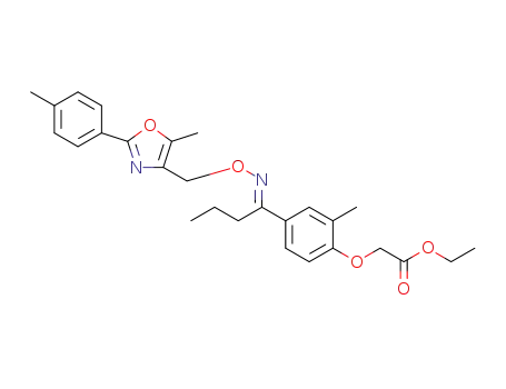 Molecular Structure of 1268705-37-8 ((E)-ethyl 2-(2-methyl-4-(1-(((5-methyl-2-(p-tolyl)oxazol-4-yl)methoxy)imino)butyl)phenoxy)acetate)