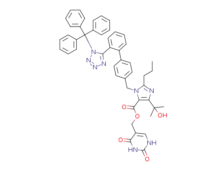Molecular Structure of 1301629-90-2 ((1,2,3,4-tetrahydro-2,4-dioxopyrimidin-5-yl)methyl 4-(1-hydroxy-1-methylethyl)-2-propyl-1-{4-[2-(1-trityltetrazol-5-yl)phenyl]phenylmethyl}imidazole-5-carboxylate)