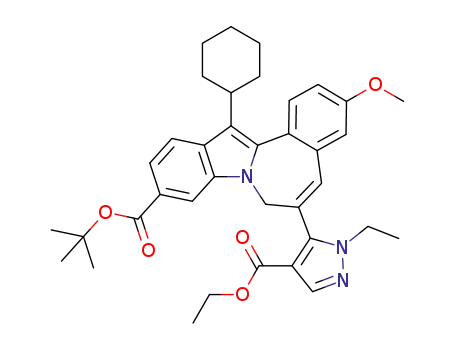 Molecular Structure of 1127236-29-6 (13-cyclohexyl-6-[4-(ethoxycarbonyl)-1-ethyl-1H-pyrazol-5-yl]-3-methoxy-7H-indolo[2,1-a][2]benzazepine-10-carboxylic acid 1,1-dimethylethyl ester)