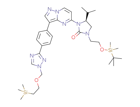Molecular Structure of 1269647-67-7 ((S)-1-(2-(tert-butyldimethylsilyloxy)ethyl)-4-isopropyl-3-(3-(4-(1-((2-(trimethylsilyl)ethoxy)methyl)-1H-1,2,4-triazol-3-yl)phenyl)pyrazolo[1,5-a]pyrimidin-5-yl)imidazolidin-2-one)