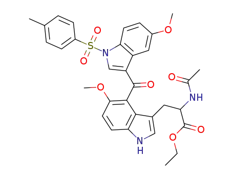 Molecular Structure of 1279707-87-7 (2-acetylamino-3-{4-[5-methoxy-1-(toluene-4-sulfonyl)-1H-indole-3-carbonyl]-5-methoxy-1H-indol-3-yl}-propionic acid ethyl ester)