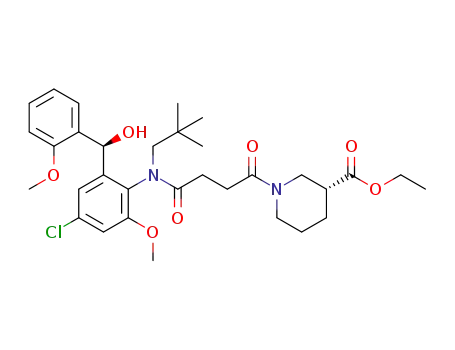Molecular Structure of 922160-90-5 (3-Piperidinecarboxylic acid,
1-[4-[[4-chloro-2-[(S)-hydroxy(2-methoxyphenyl)methyl]-6-methoxyphenyl
](2,2-dimethylpropyl)amino]-1,4-dioxobutyl]-, ethyl ester, (3R)-)