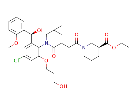 Molecular Structure of 1334531-23-5 (ethyl (3S)-1-(4-[(4-chloro-2-[(S)-hydroxy(2-methoxyphenyl)methyl]-6-(3-hydroxypropoxy)phenyl)(2,2-dimethylpropyl)amino]-4-oxobutanoyl)piperidine-3-carboxylate)