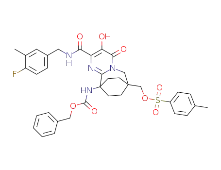 Molecular Structure of 1380664-98-1 ([2-[[[(4-fluoro-3-methylphenyl)methyl]amino]carbonyl]-6,7,8,9-tetrahydro-3-hydroxy-7-[[[(4-methylphenyl)sulfonyl]oxy]methyl]-4-oxo-7,10-ethanopyrimido[1,2-a]azepin-10(4H)-yl]-carbamic acid phenylmethyl ester)