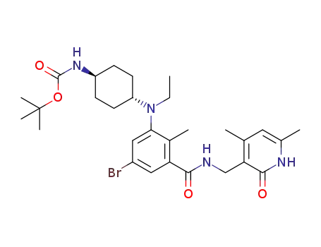 Molecular Structure of 1403258-28-5 (tert-butyl ((1R,4R)-4-((5-bromo-3-(((4,6-dimethyl-2-oxo-1,2-dihydropyridin-3-yl)methyl)carbamoyl)-2-methylphenyl)(ethyl)amino)cyclohexyl)carbamate)