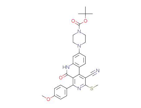 Molecular Structure of 1403501-11-0 (tert-butyl 4-(1-cyano-4-(4-methoxyphenyl)-2-(methylthio)-5-oxo-5,6-dihydrobenzo[c][2,7]naphthyridin-8-yl)piperazine-1-carboxylate)