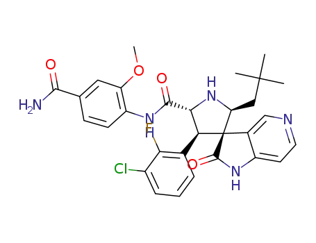 Molecular Structure of 1360821-10-8 (rac-(2S,3R,4S,5R)-N-(4-carbamoyl-2-methoxyphenyl)-4-(3-chloro-2-fluorophenyl)-2-neopentyl-2'-oxo-1',2'-dihydrospiro[pyrrolidine-3,3'-pyrrolo[3,2-c]pyridine]-5-carboxamide)