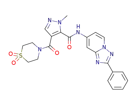 Molecular Structure of 1380329-97-4 (4-(1,1-dioxo-thiomorpholine-4-carbonyl)-2-methyl-2H-pyrazole-3-carboxylic acid (2-phenyl-[1,2,4]triazolo[1,5-a]pyridin-7-yl)-amide)