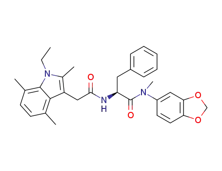 Molecular Structure of 1375275-51-6 ((S)-N-(benzo[d][1,3]dioxol-5-yl)-2-(2-(1-ethyl-2,4,7-trimethyl-1H-indol-3-yl)acetamido)-N-methyl-3-phenylpropanamide)