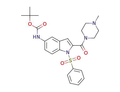 Molecular Structure of 1345012-48-7 (tert-butyl 2-(4-methylpiperazin-1-carbonyl)-1-(phenylsulfonyl)-1H-indol-5-ylcarbamate)