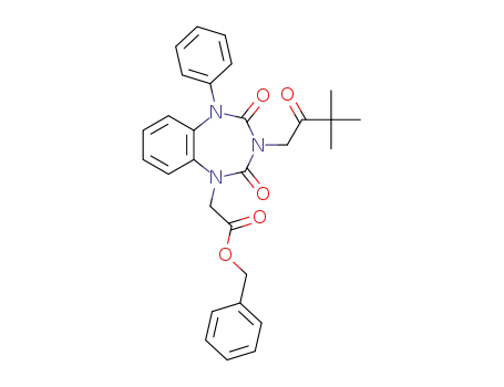 Molecular Structure of 1384248-53-6 (benzyl 2-(3-(3,3-dimethyl-2-oxobutyl)-2,4-dioxo-5-phenyl-2,3,4,5-tetrahydro-1H-benzo[f][1,3,5]triazepin-1-yl)acetate)