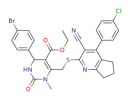 Molecular Structure of 1414778-32-7 (ethyl 4-(4-bromophenyl)-6-({[4-(4-chlorophenyl)-3-cyano-6,7-dihydro-5H-cyclopenta[b]pyridin-2-yl]thio}methyl)-1-methyl-2-oxo-1,2,3,4-tetrahydropyrimidine-5-carboxylate)