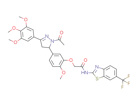 Molecular Structure of 1392442-05-5 (N<sub>1</sub>-(6-(trifluoromethyl)-1,3-benzothiazol-2-yl)-2-{5-[1-acetyl-3-(3,4,5-trimethoxyphenyl)-4,5-dihydro-1H-5-pyrazolyl]-2-methoxyphenoxy}acetamide)