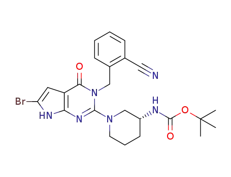 Molecular Structure of 1377432-86-4 (tert-butyl ((3R)-1-(6-bromo-3-(2-cyanobenzyl)-4-oxo-4,7-dihydro-3H-pyrrolo[2,3-d]pyrimidin-2-yl)piperidin-3-yl)carbamate)
