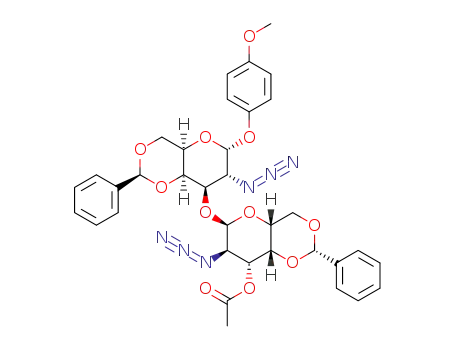 Molecular Structure of 1410786-14-9 (p-methoxyphenyl (3-O-acetyl-2-azido-4,6-O-benzylidene-2-deoxy-α-D-galactopyranosyl)-(1→3)-2-azido-4,6-O-benzylidene-2-deoxy-α-D-galactopyranoside)