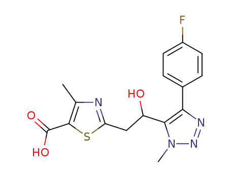 Molecular Structure of 1374645-83-6 (2-{2-[5-(4-fluoro-phenyl)-3-methyl-3H-[1,2,3]triazol-4-yl]-2-hydroxy-ethyl}-4-methyl-thiazole-5-carboxylic acid)