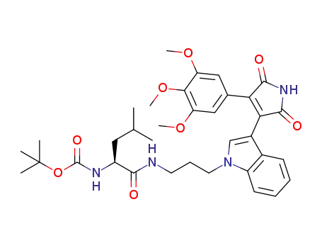 Molecular Structure of 1383842-05-4 (tert-butyl 1-(3-(3-(2,5-dioxo-4-(3,4,5-trimethoxyphenyl)-2,5-dihydro-1H-pyrrol-3-yl)-1H-indol-1-yl)propylamino)-4-methyl-1-oxopentan-2-ylcarbamate)