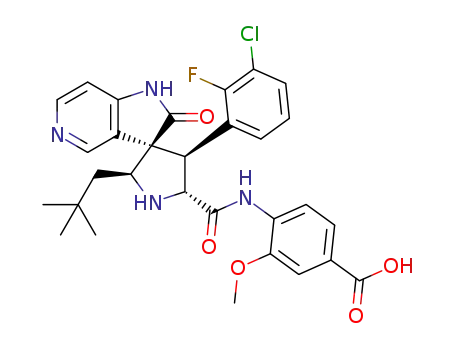 Molecular Structure of 1360821-09-5 (4-((2S,3R,4S,5R)-4-(3-chloro-2-fluorophenyl)-2-neopentyl-2'-oxo-1',2'-dihydrospiro[pyrrolidine-3,3'-pyrrolo[3,2-c]pyridine]-5-ylcarboxamido)-3-methoxybenzoic acid)