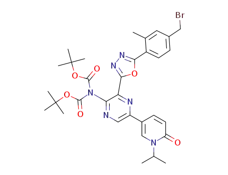 Molecular Structure of 1349734-28-6 (tert-butyl N-[3-[5-[4-(bromomethyl)-2-methylphenyl]-1,3,4-oxadiazol-2-yl]-5-(1-isopropyl-6-oxo-3-pyridyl)pyrazin-2-yl]-N-tert-butoxycarbonylcarbamate)