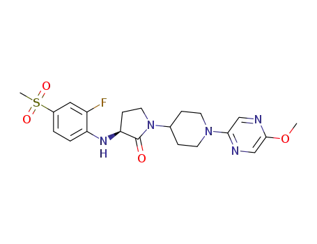 Molecular Structure of 1351167-70-8 ((S)-3-(2-fluoro-4-(methylsulfonyl)phenylamino)-1-(1-(5-methoxypyrazin-2-yl)piperidin-4-yl)pyrrolidin-2-one)