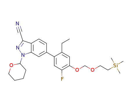 Molecular Structure of 1421503-41-4 (6-[2-ethyl-5-fluoro-4-(2-trimethylsilanyl-ethoxymethoxy)phenyl]-1-(tetrahydro-pyran-2-yl)-1H-indazole-3-carbonitrile)