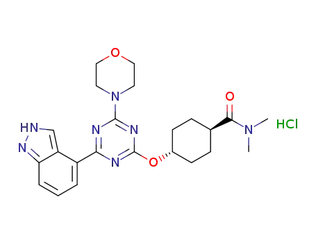 Molecular Structure of 1542268-06-3 ((1r,4r)-4-((4-(2H-indazol-4-yl)-6-morpholino-1,3,5-triazine-2-yl)oxy)-N,N-dimethycyclohexanecarboxamide hydrochloride)